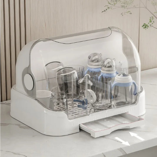 New Baby Bottle Drying Rack & Bottle Organizer Dustproof Storage Container with Removable Drip Tray, Hygienic Feeding Accessorie