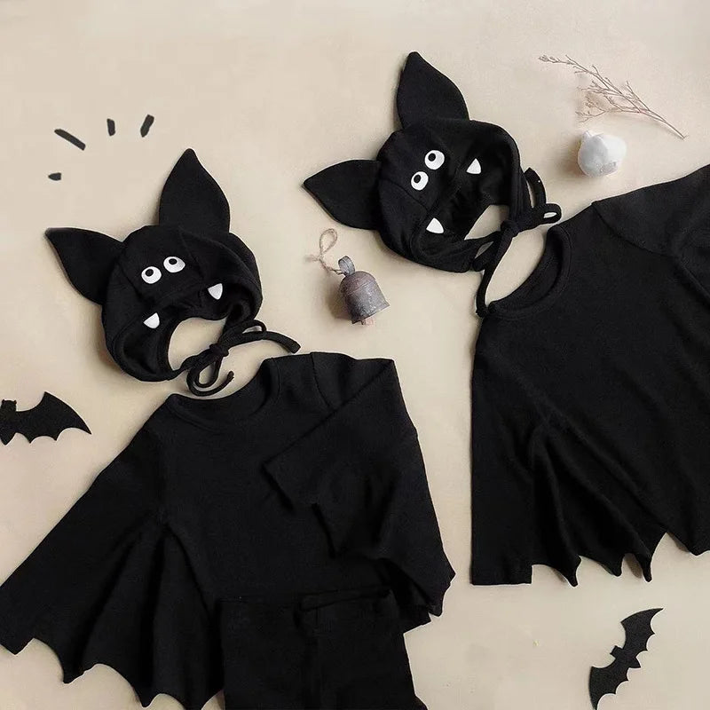 2025 New Baby Halloween Clothes Set Boys Girls Cute Bat Sleeve Bodysuit + Hat  Toddler Fashion Kids Halloween Party Clothing