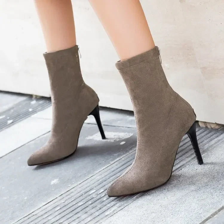 2024 Women Boots Short High Heels Shoes for Women Autumn Suede Imitation Leather Ankle Boots Black Sock Women Heels Boots Female