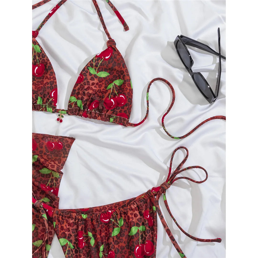 With Sarong Leopard Printed Bikini Women Swimwear Female Swimsuit Three-Pieces Bikini Set Halter Bather Bathing Suit Swim V7900