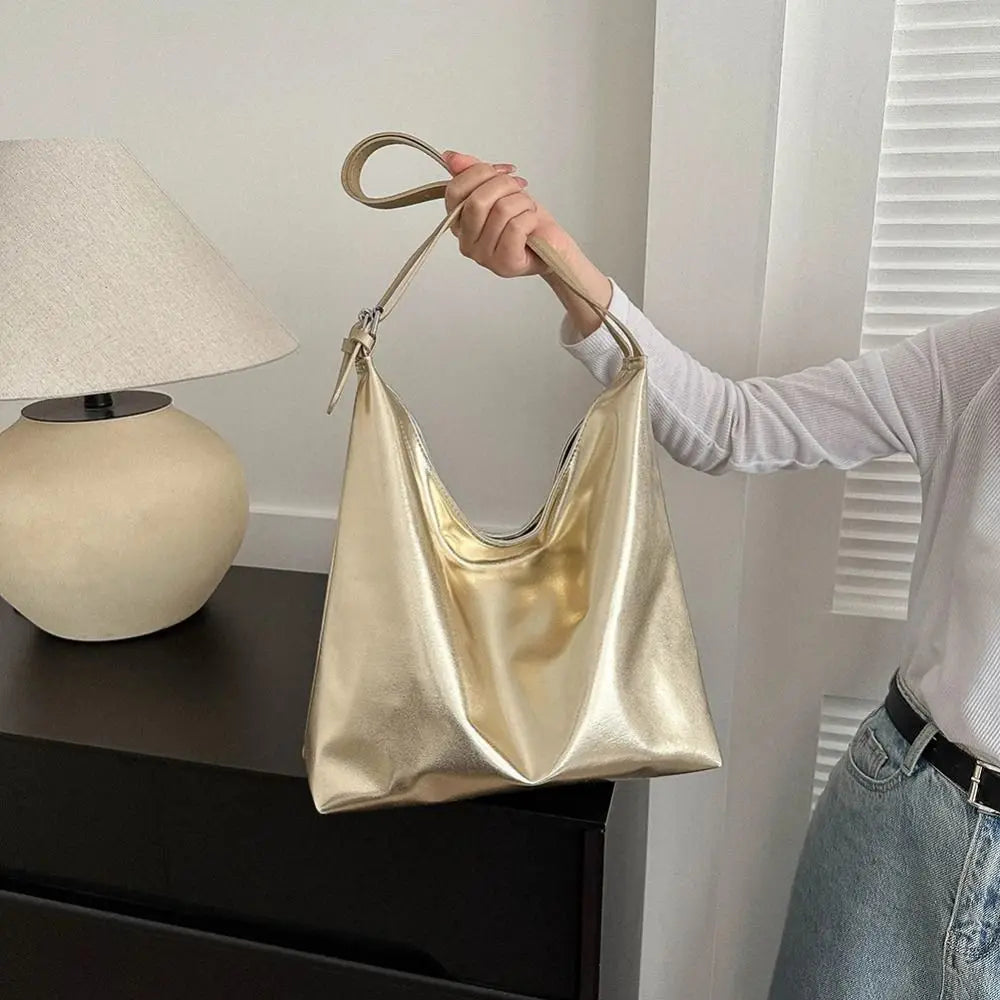 PU Top-Handle Handbag Luxury Designer Bag for Women Fashion Shopping Bag High Capacity Silver Gold Casual Leather Tote Bag