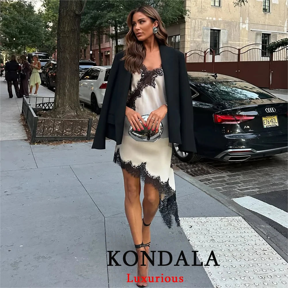 KONDALA Satin Sexy Lace Spliced Short Sling Dress Women Sleeveless Backless Asymmetric Sexy Party Dresses 2025 Autumn Lady Dress
