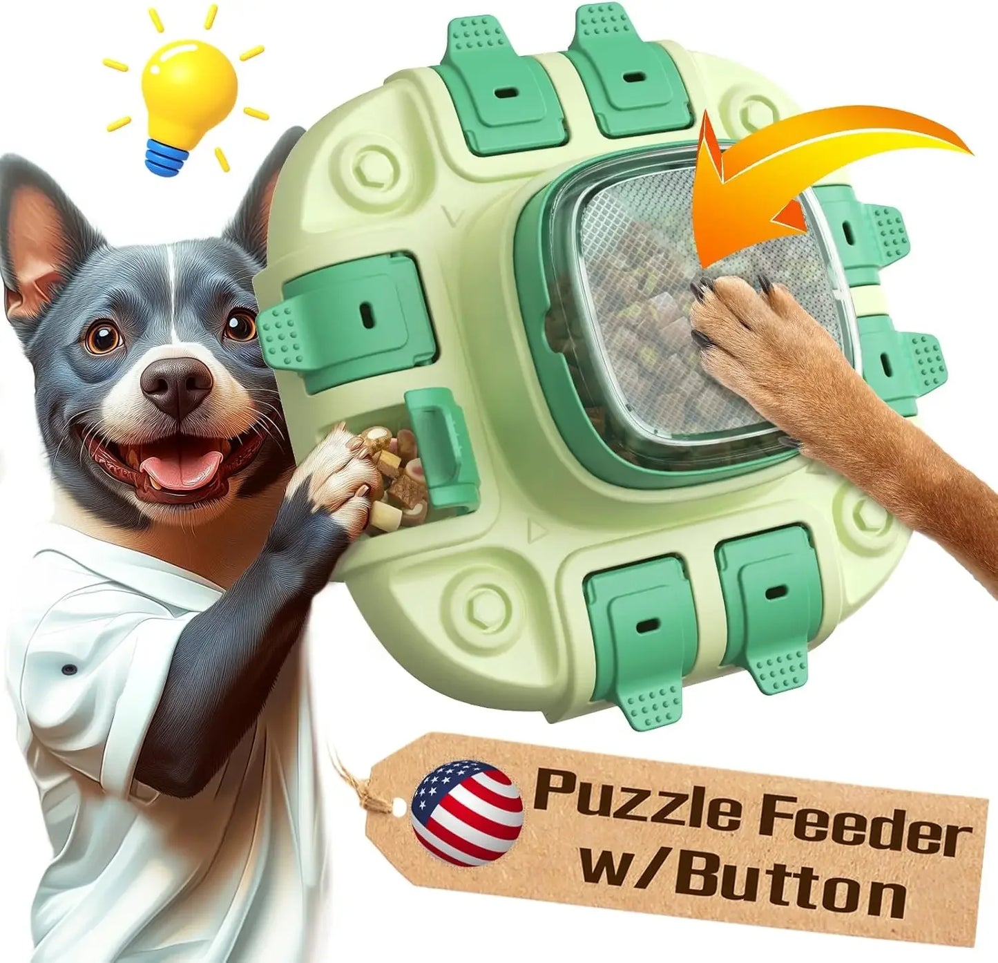 Dog educational toys, suitable for small/large dogs, slow feeder with button, 2 in 1, eliminates boredom, hidden food dog bowl