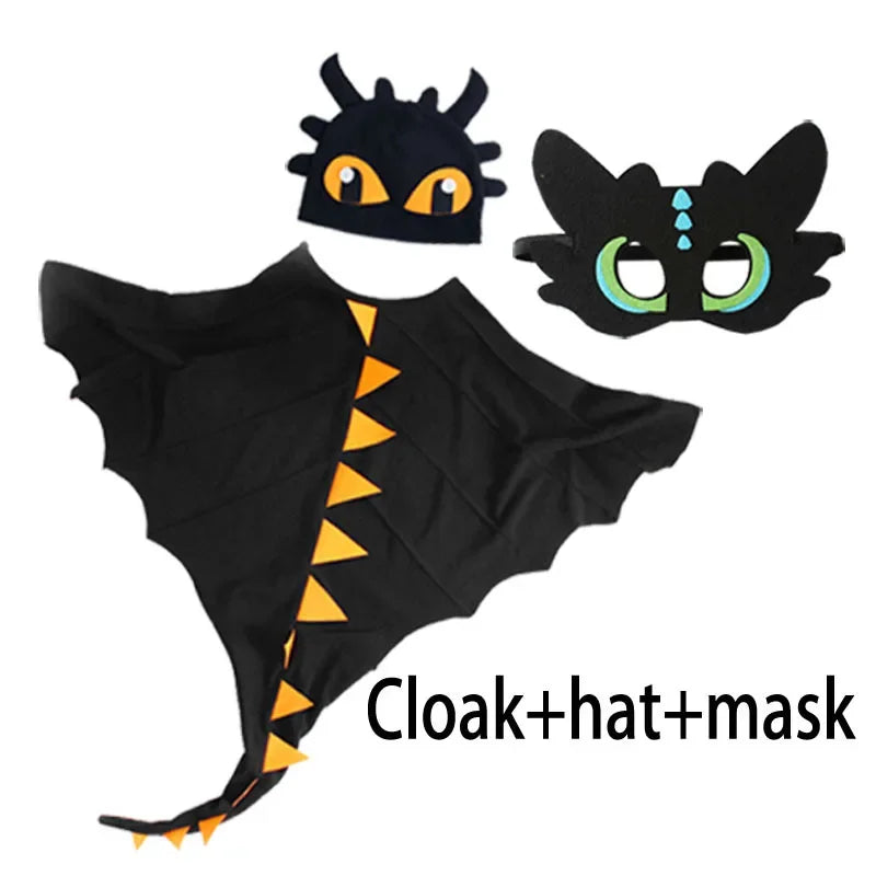 Kids Dragon Cape Costume 3PCS Cloak Hat Mask Set Halloween Carnival Role Play Outfits for Boys Girls School Performance Clothes