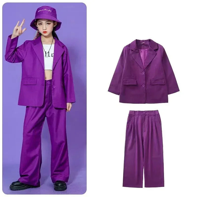 Kids Hip Hop Dance Costume Boys Girls Blazer Pants Set Streetwear Outfit for Stage Performance Competition Jazz Dance Photoshoot