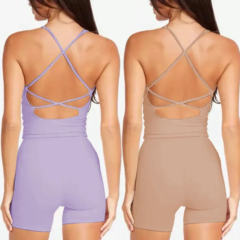 CSB Women Strappy Cross Back Cutout Tank Top High Waist Biker Shorts Yoga Leggings Gym Fitness Workout Separates Sportswear