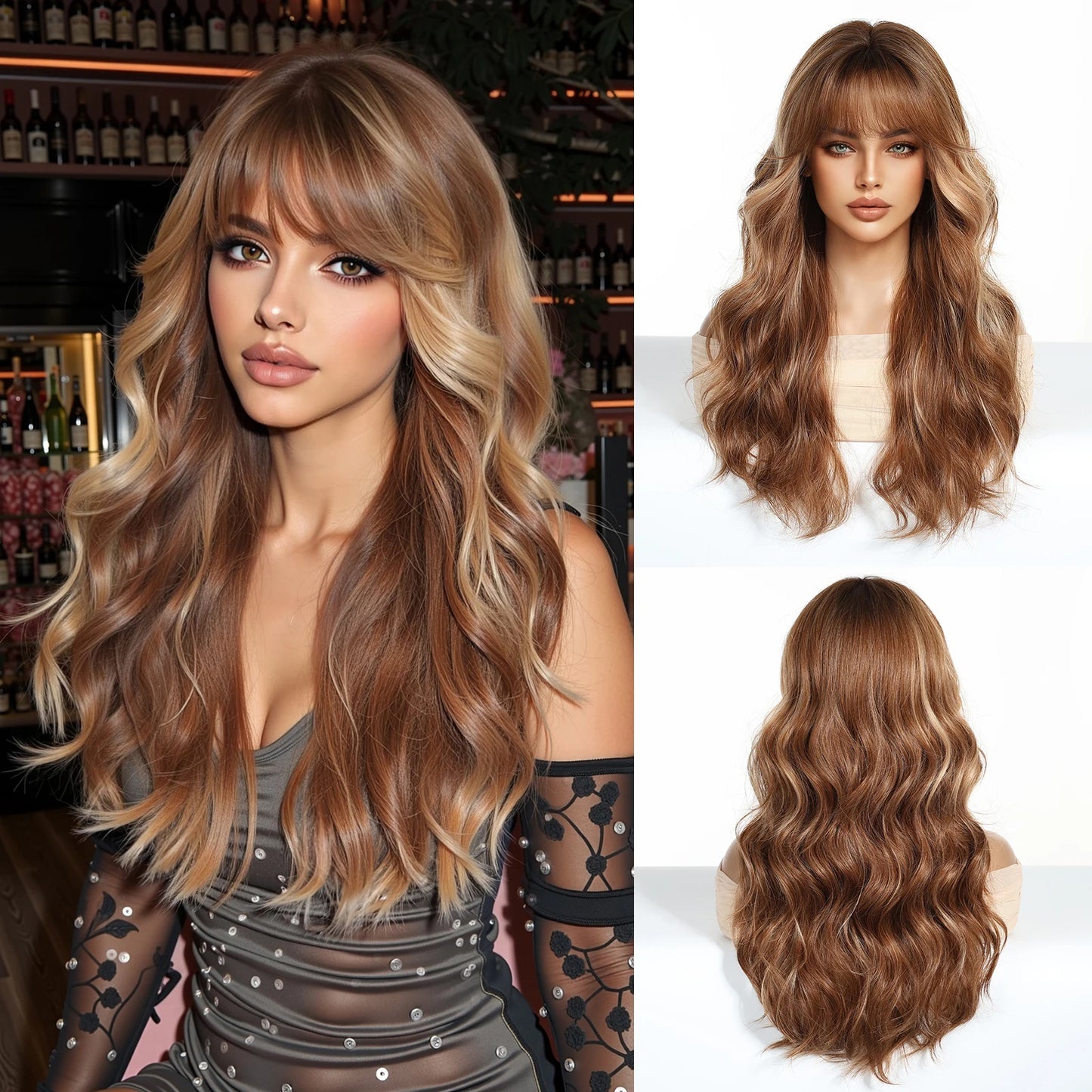 EASIHAIR Long Wavy Synthetic Wigs Natural Ombre Brown Wig with Bangs for Women Daily Cosplay Party Use Heat Resistant Fiber