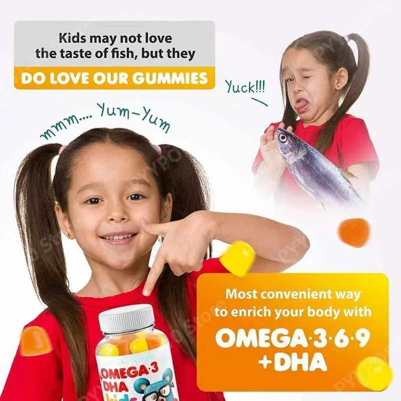 Omega 3 DHA Kids Gummies 60pcs Fruity Vegetarian Gluten Free  Daily Nutritional Support for Children 2+
