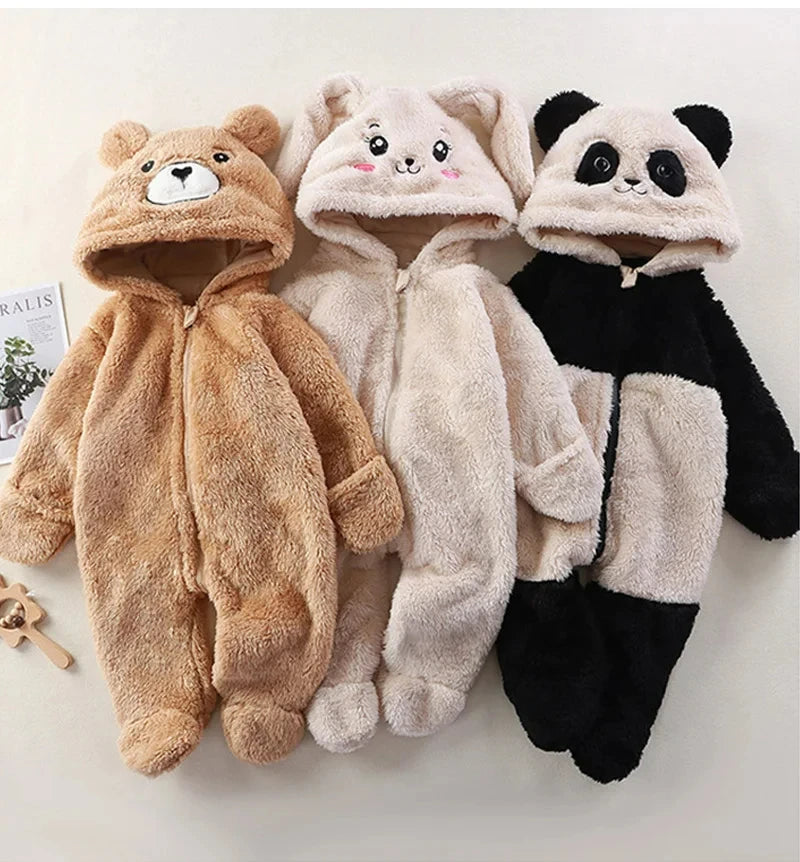 Baby Winter Romper Fleece Cartoon Panda Bunny Hooded Jumpsuit for Boy Girl Clothes Soft Loungewear Thicken Toddler Infant Onesie