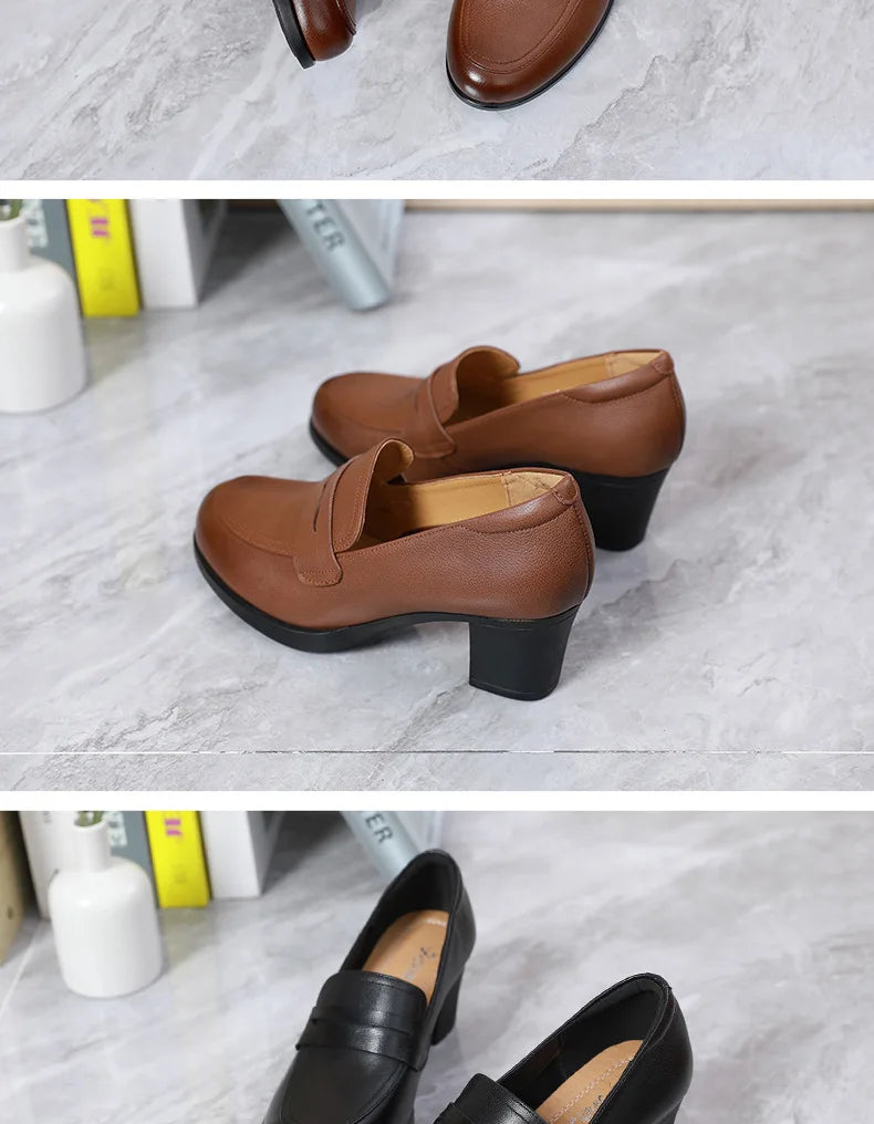 GKTINOO Pumps Women Genuine Cow Leather Round Toe Slip-On Loafers Med Heel Lady Shoes Handmade Women's Work Shoes