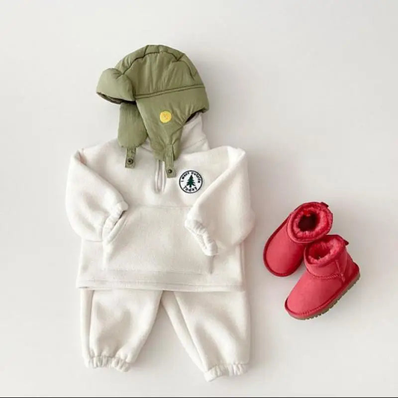 2025 Autumn Baby Boys Clothing Sets Children Thicken Plush Clothes Girls Solid Cotton High Collar Tops+ Pant 2 Pieces Suits