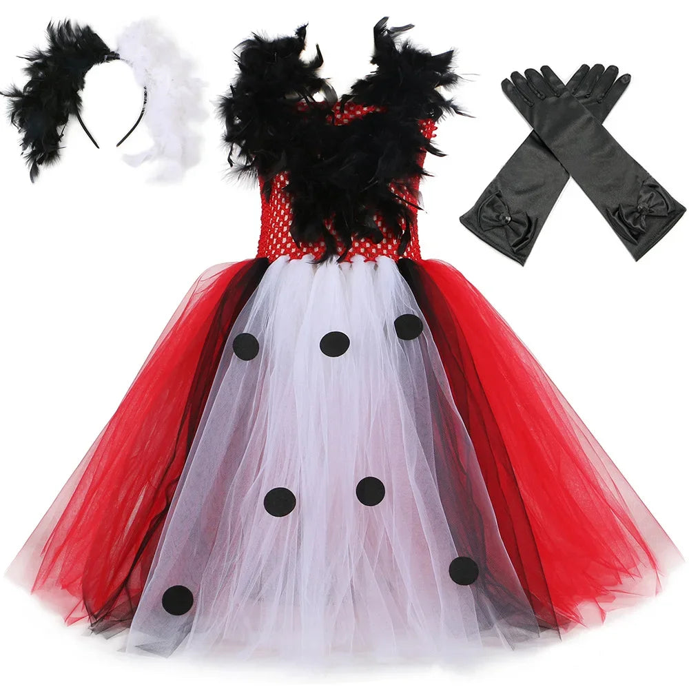 Halloween Crulla Cosplay Costume Cruella Tulle Dress Party Girls Black White Carnival Kids Cruella Wig Lace Mask Suit Clothes