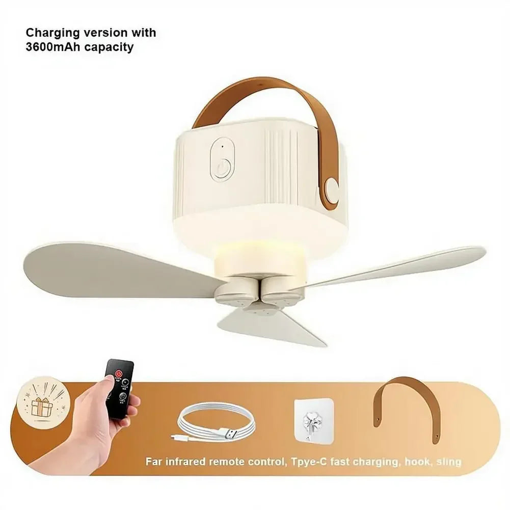 Portable Ceiling Fan with Remote & 3600mAh Battery – 3-Speed, 8-12H Runtime, Night Light for Camping & Outdoor