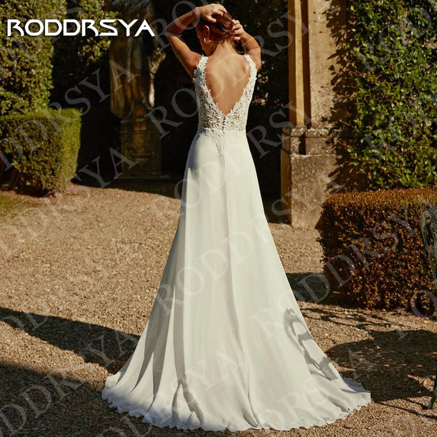 RODDRSYA Boho V Neck Wedding Dresses Chiffon Bohemian Open Back Lace Appliques A Line Bridal Dress Customized hochzeitskleid