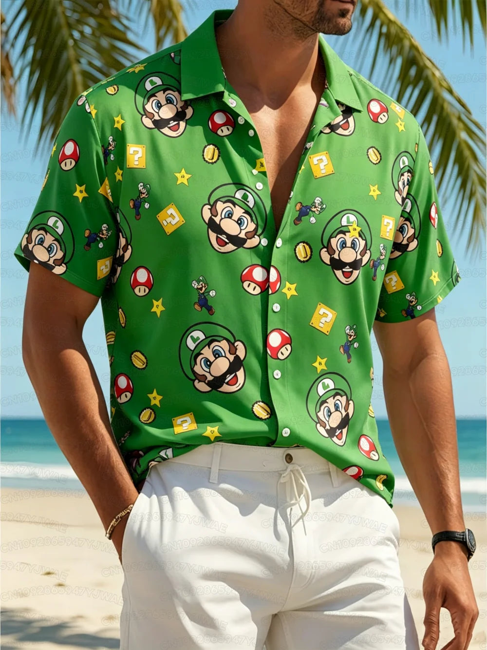 Summer Men's Women's Yoshi Full Body Printed Button Casual Hawaiian Shirt Summer Beach Vacation Short Sleeve Shirt