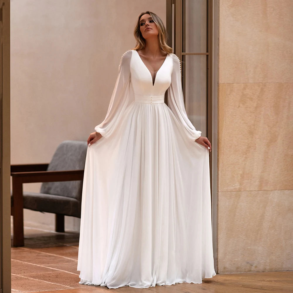 White Ivory Wedding Dresses for Bride Customized Long Sleeves V Neck Simple Bridal Gown with Buttons A Line Robe De Mariee