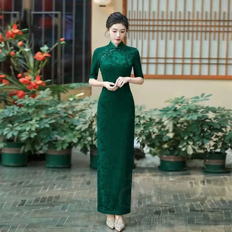 Female Large Size 6XL Maxi Dress Summer Lady Fashion High Fork Long Dresses 2025 Women Solid Color Five Divide Sleeves Cheongsam