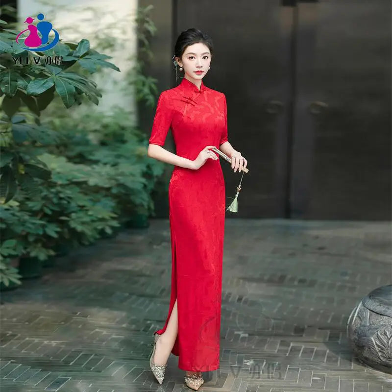 Female Large Size 6XL Maxi Dress Summer Lady Fashion High Fork Long Dresses 2025 Women Solid Color Five Divide Sleeves Cheongsam