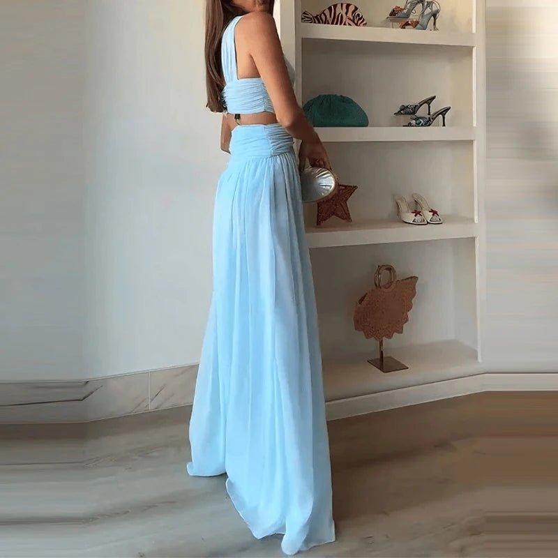 Elegant Lady Backless Slim Fit Evening Dress Fashion Hollowed Out Sleeveless Cocktail Dress Blue Off Shoulder Pleated Long Dress