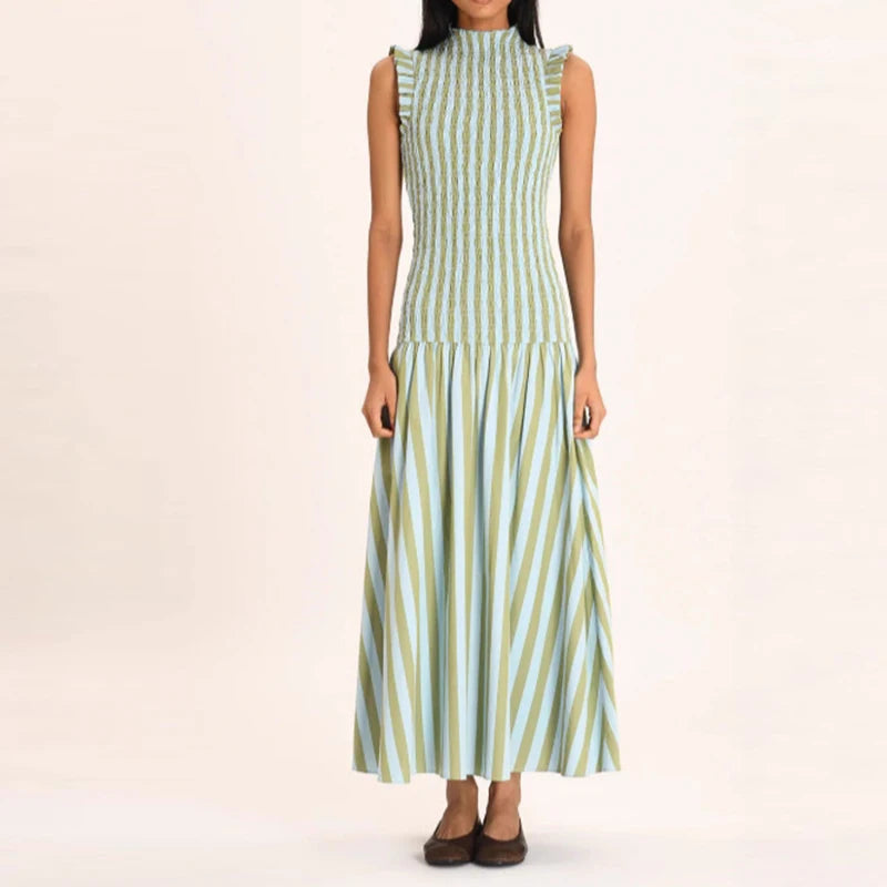 Fashion Half High Collar Vacation Long Dress Casual Sleeveless Draped Bohemian Dress Elegant Hight Waist Slim Swing Party Dress