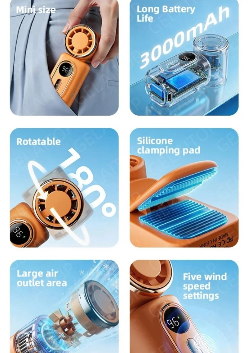 Lady's Mini Fan Handheld Small Portable Fan Cooling Turbo 5 Speeds 3000mAh LED Display 180° Rotatable Clip Rechargeable Fans