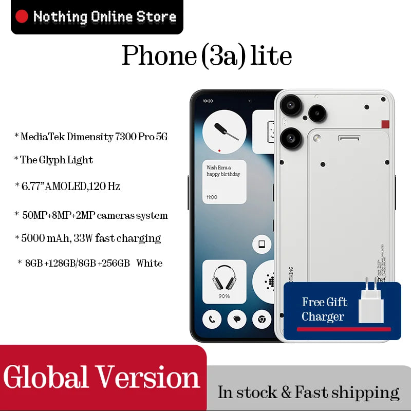 In Stock Nothing Phone (3a) lite Global Version MediaTek Dimensity 7300 Pro5G 6.77 AMOLED 120Hz 5000mAh  50MP Camare