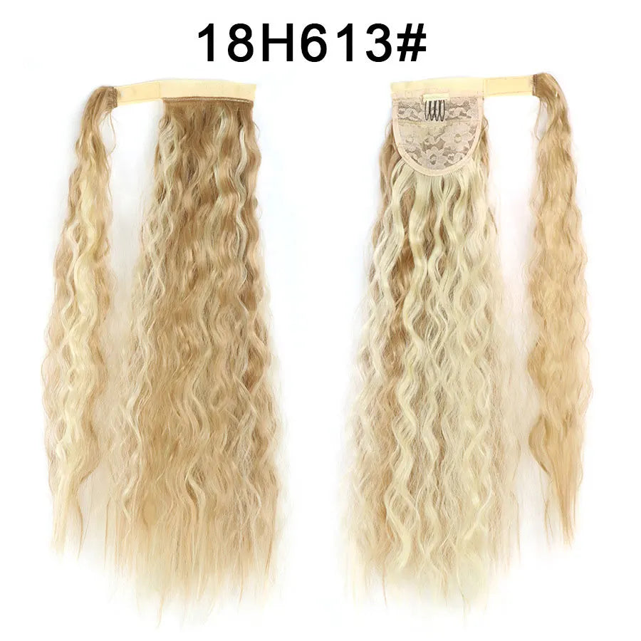 Synthetic Long Corn Wave Ponytail Extension Magic Paste Heat Resistant Wavy Wrap Around Ponytail Black Hairpiece for Women