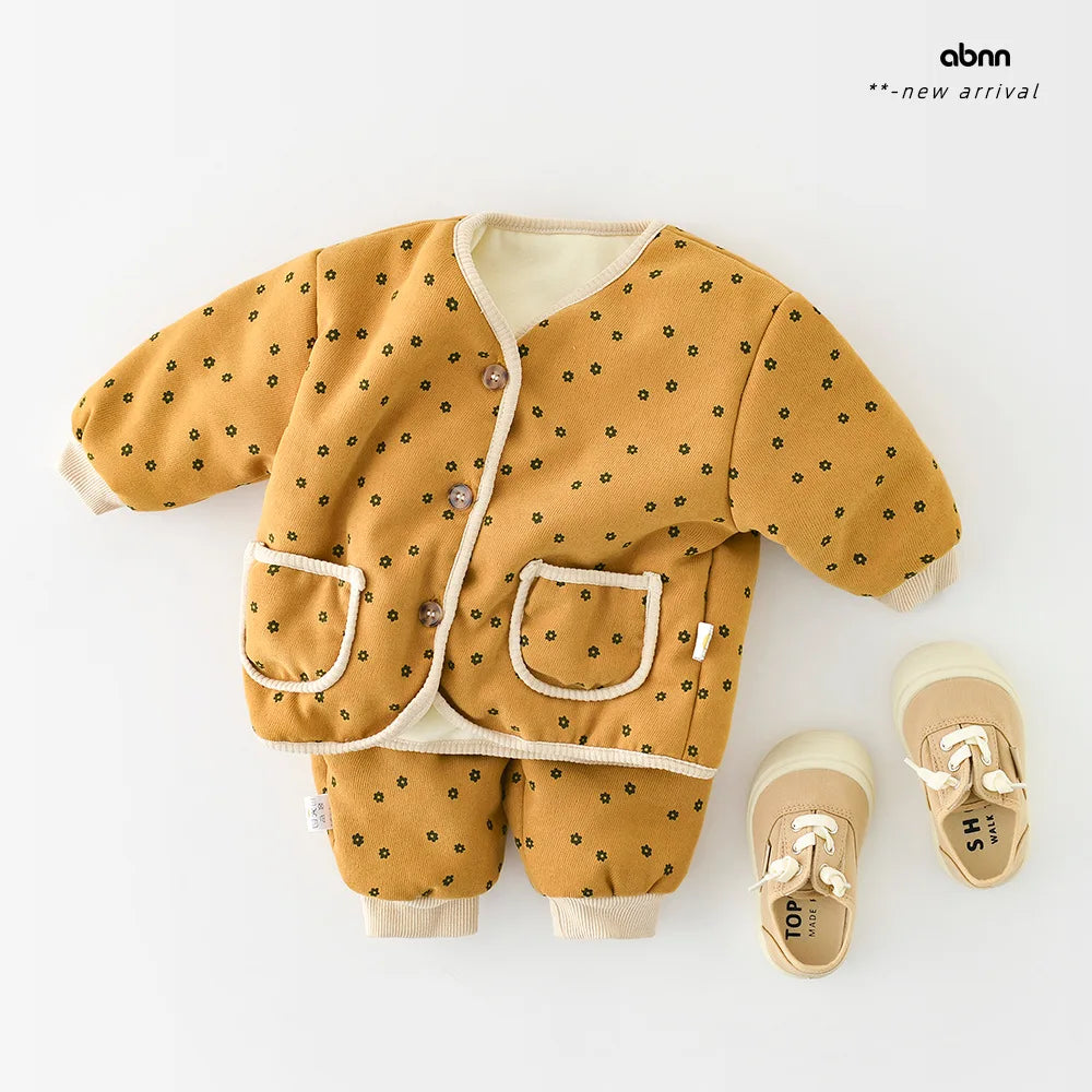 2026 Winter New Baby Warm Clothes Set Cute Leopard Floral Coat + Pants 2pcs Suit Vintage Baby Girl Outfits Infant Jacket Set
