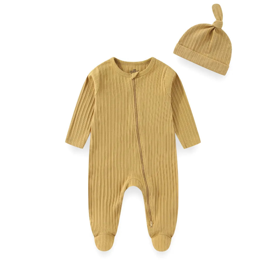 2 Pieces Solid Color Romper+Hat 2-way Zipper Cotton Baby Girl Clothes 0-12M Spring Newborn Baby Boy Clothes Sets Winter