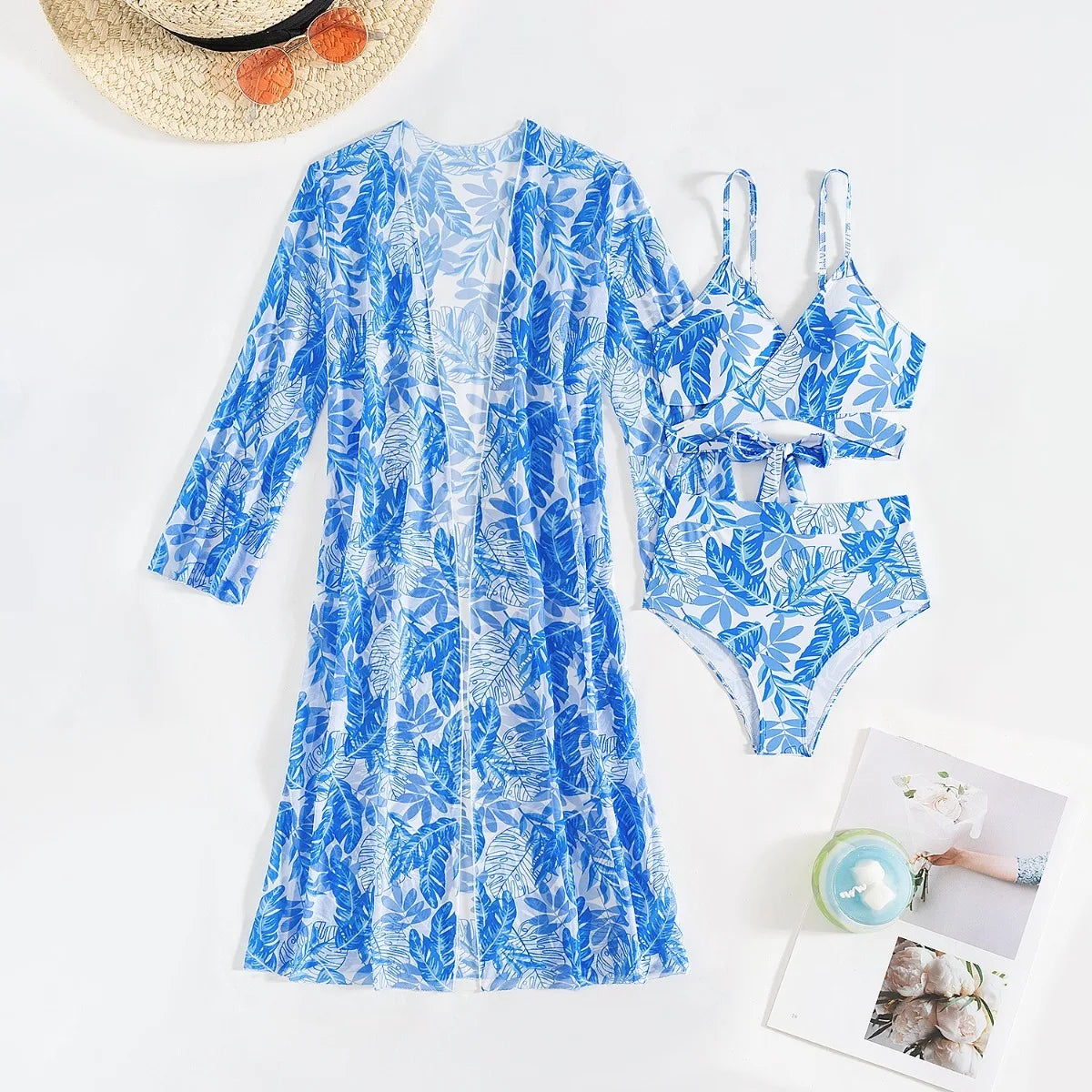 Women 3 Pieces Underwire Floral Bikini Set V Neck High Waist Swimsuit With Long Sleeve Kimono Cover Up Beach Bathing Suit