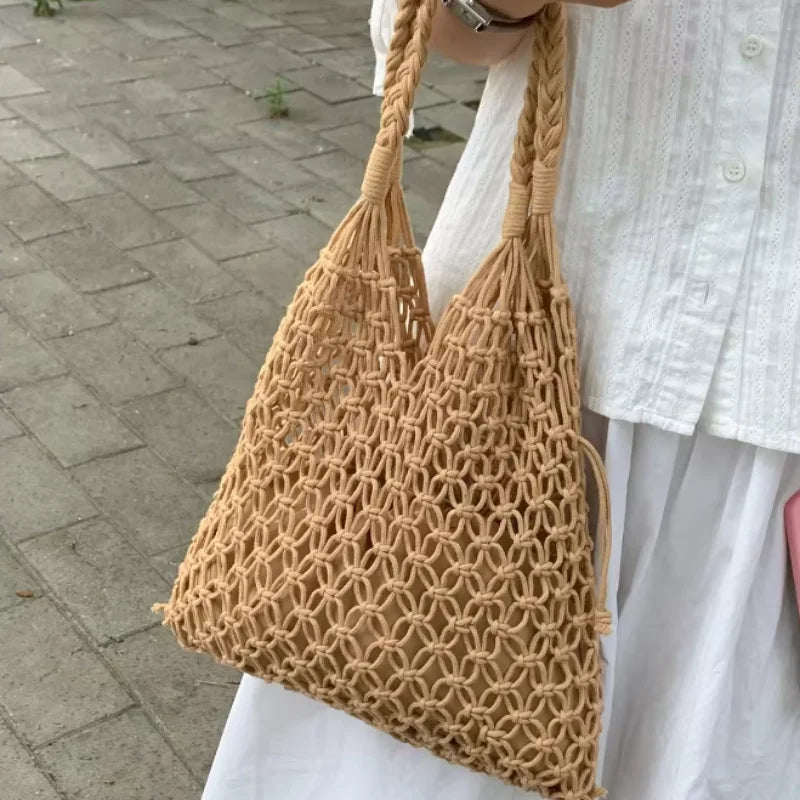 Fashion Crochet Bags for Women Summer Beach Tote Bag Raffia Aesthetic Totes Straw Handbag Bohemian Boho Woven Knit Shoulder Bag
