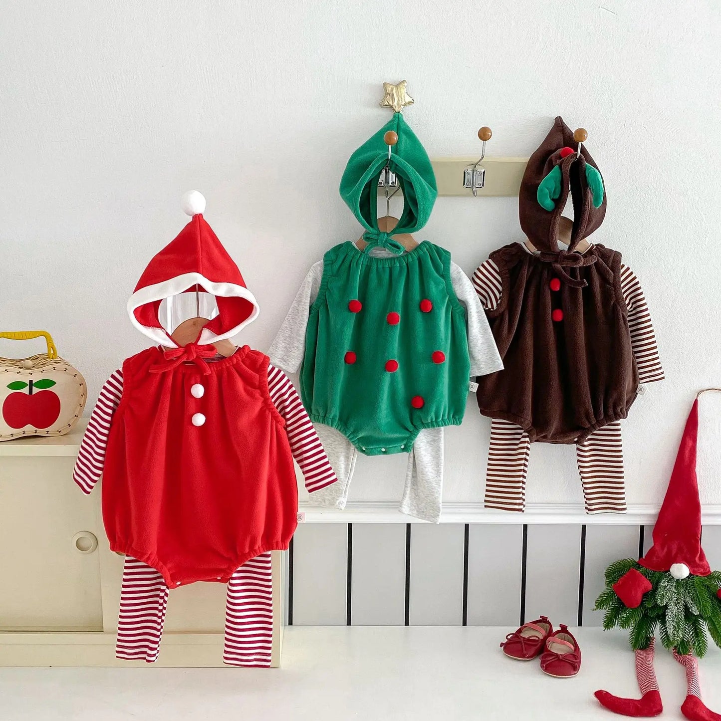 Baby Girl Boy Autumn Winter Christmas Cute Sleeveless Bodysuit Long Sleeve Striped Top Pants Infant Bibs Newborn Clothes B6091