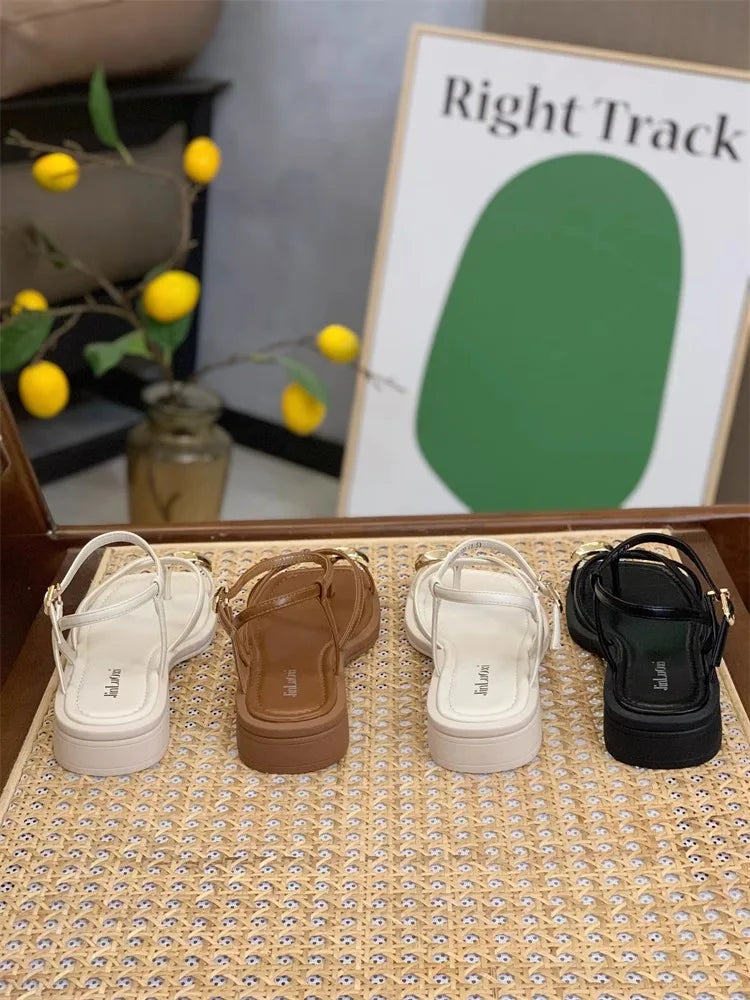 Sandals Women 2024 Summer New Fashion Square Toe Roman Shoes Simple Fairy Strap Women Shoes Flat Casual Shoe Sandalias De Mujer