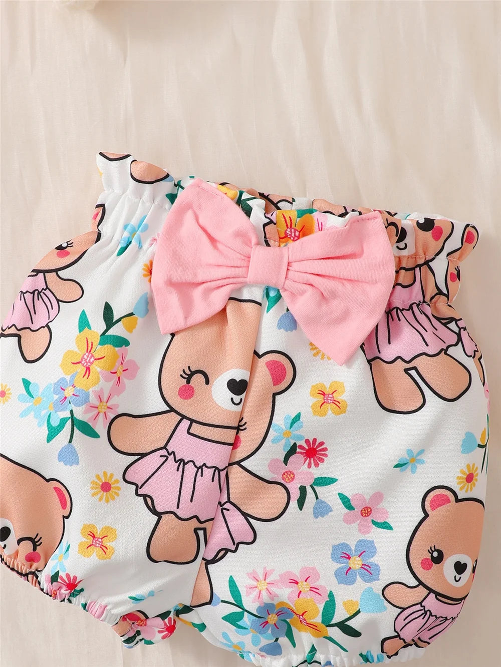 0-2Years Newborn Baby Girl Daily Clothes Set Cartoon Bear Short Sleeve Romper + Shorts with Headband Summer Lovely 3PCS Outfit