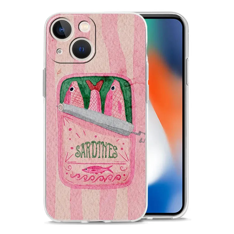 Soft TPU Transparent Phone Case Cover for iPhone 17 16 15 14 13 12 11 Pro Max 17 Air 7 8 Plus Fundas Funny Fish Sardines Laser