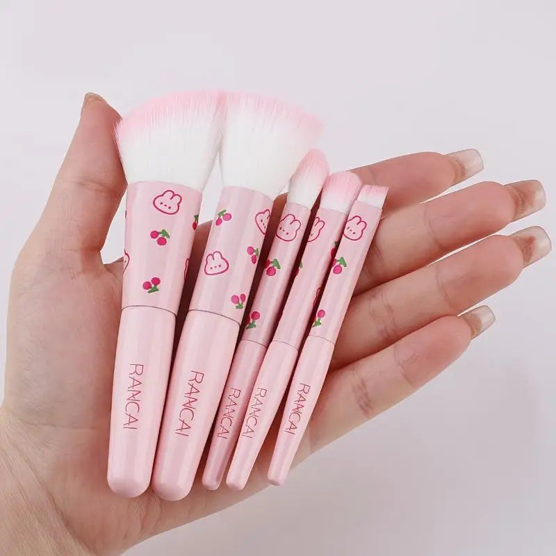5pcs Cute Compact Makeup Brush Set With Case Premium Brush For Flawless Foundation Blush Eyeshadow Application Beauty Tools