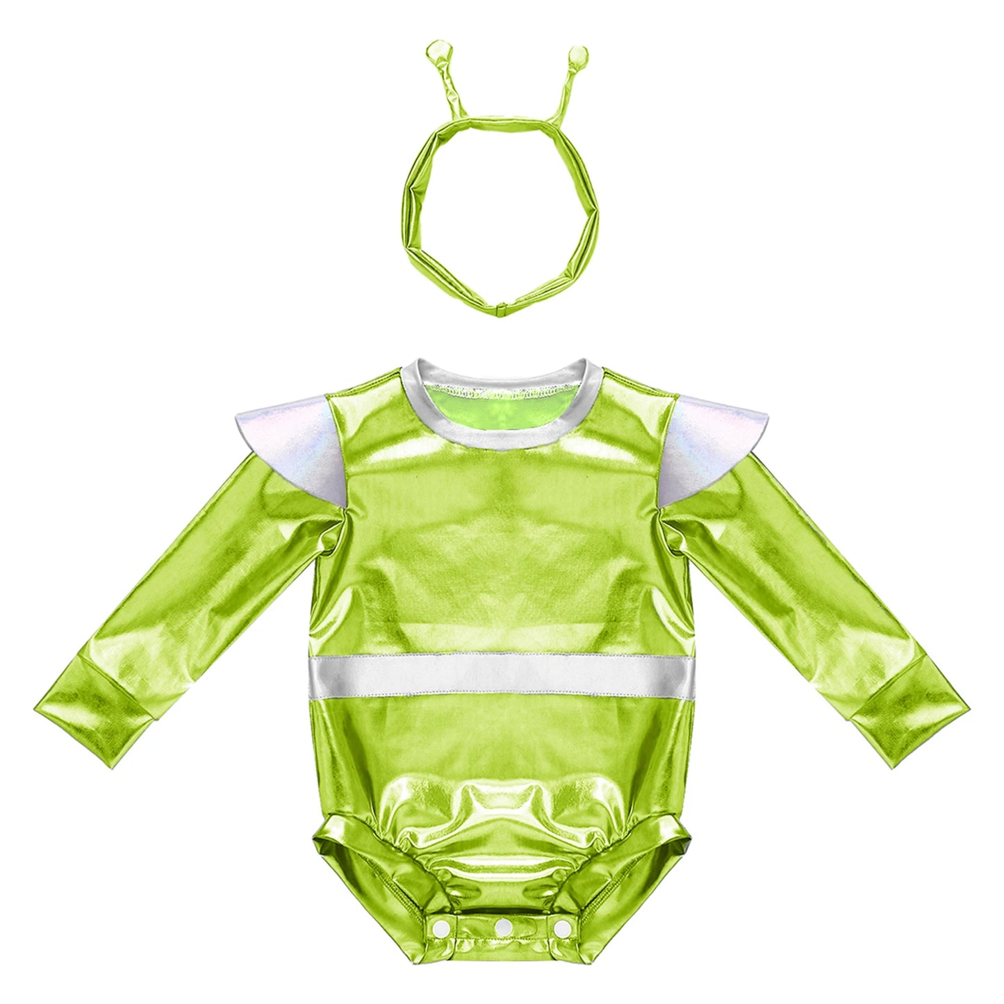 Toddler Boys Girls Metallic Alien Dress-up Costume Jumpsuit Halloween Outer Space Party Cap Sleeve Shiny Romper for Photography