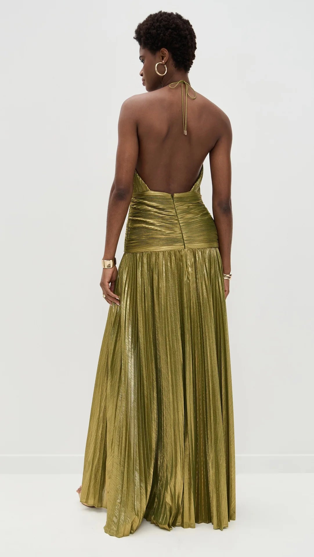 Gold Halter Neck Evening Dress Woman Chic Solid Color Pleated Backless Package Hip Slit Dress Fashion Trendy Lady Party Vestidos