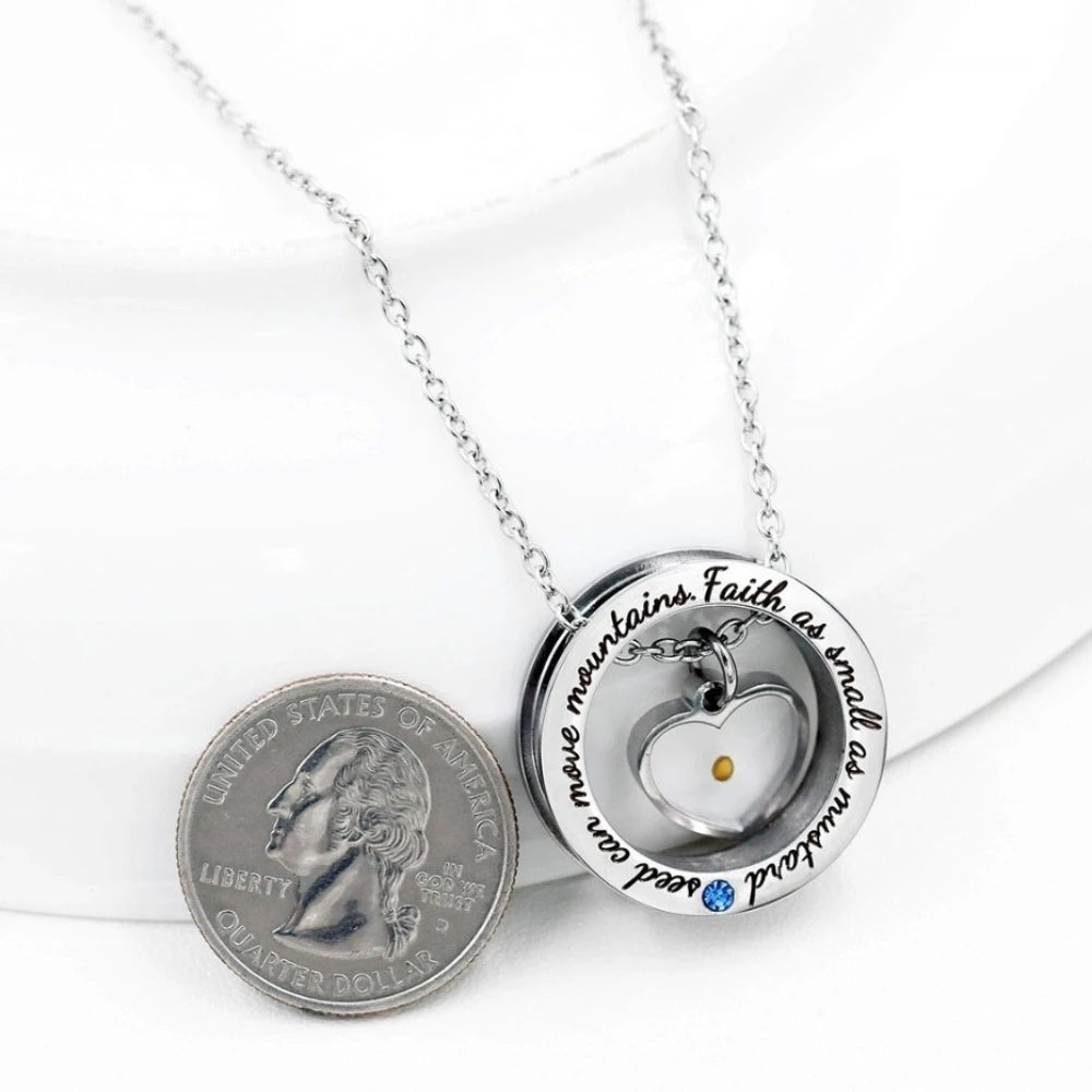 Round Heart Pendants Stainless Steel Necklaces with Carved Letters Mustard Seed Faith Necklace Men Women Fashion Jewelry Gift