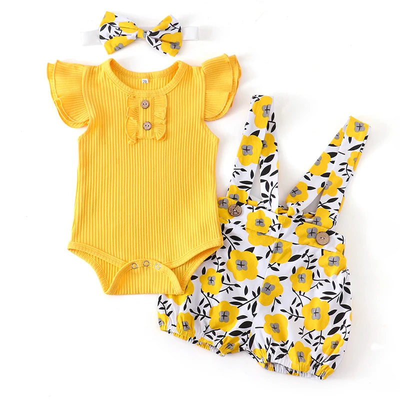 Summer Baby Girl Clothes Set Fashion Newborn Infant Knitting Cotton Ruffles Romper Shorts Bow Headband 3Pcs For Toddler Outfits