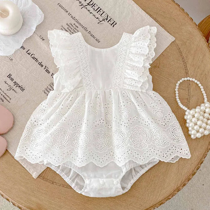 2025 New Summer Korean Style Climbing Suit Flying Sleeve Cotton Lace Splicing Toddler Baby Girls Jumpsuit 0-24M Baby Clothing