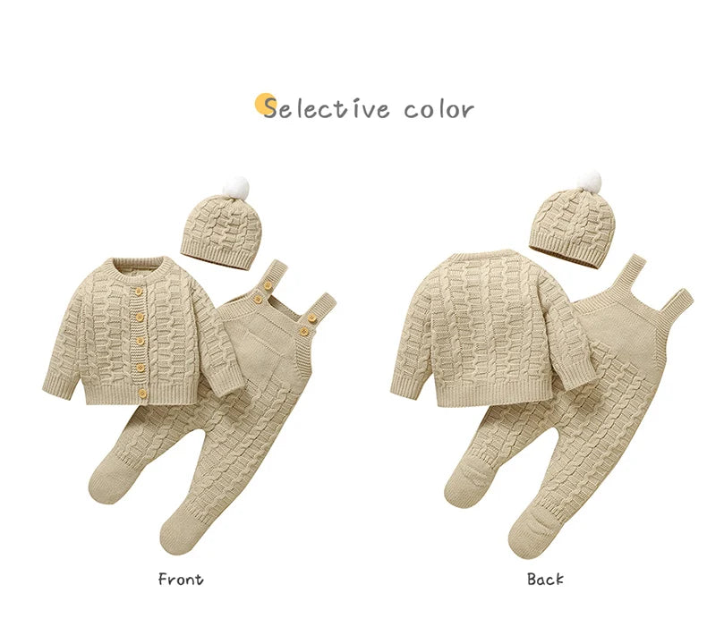 Newborn Baby Clothes Set Knitted Toddler Sweater +Jumpsuit Hat Sleeveless 3pcs Attire Infant Boys Girls Cardigan+Romper Cap 0-9M