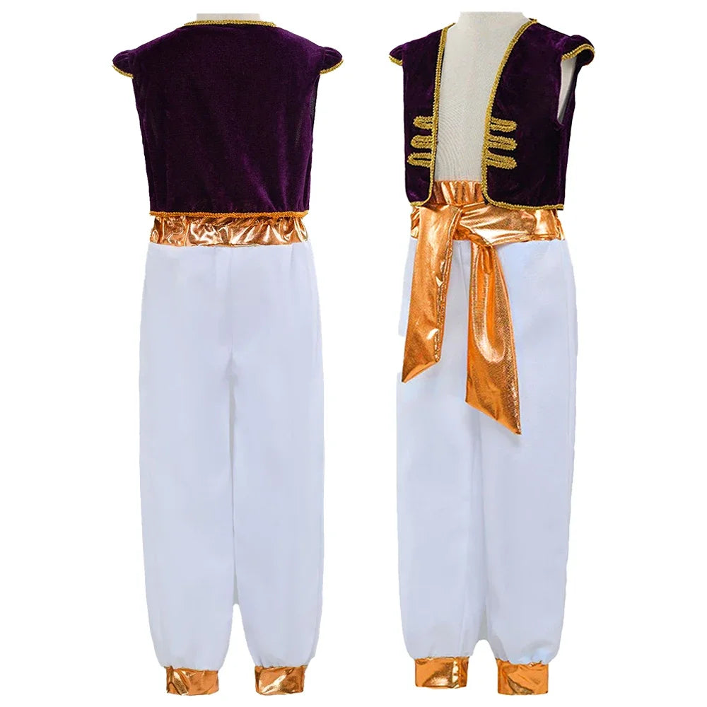 Boys  Arabian Prince Costumes Suit Halloween Party Stage Performance Outfits Kids Vest Pants Belt Street Wear Clothes