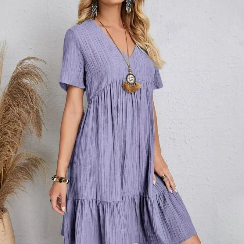 Solid Color Casual Summer Dresses for Women 2026 Elegant V Neck Short Sleeve Beach Dresses Woman Comfortable Loose A-line Dress