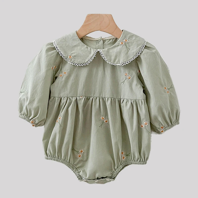 0-24M New Newborn Baby Girl Lapel Korean Style Bodysuit Autumn Long Sleeved Cotton Embroidery Climbing Suit Baby Girl Clothing