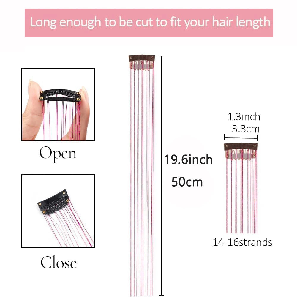 6Pcs Hair Tinsel Clip in 19.6Inch Glitter Synthetic Tinsel Hair Clip in Hair Tinsel Kit Heat Resistant Shiny Sparkle Fairy Hair