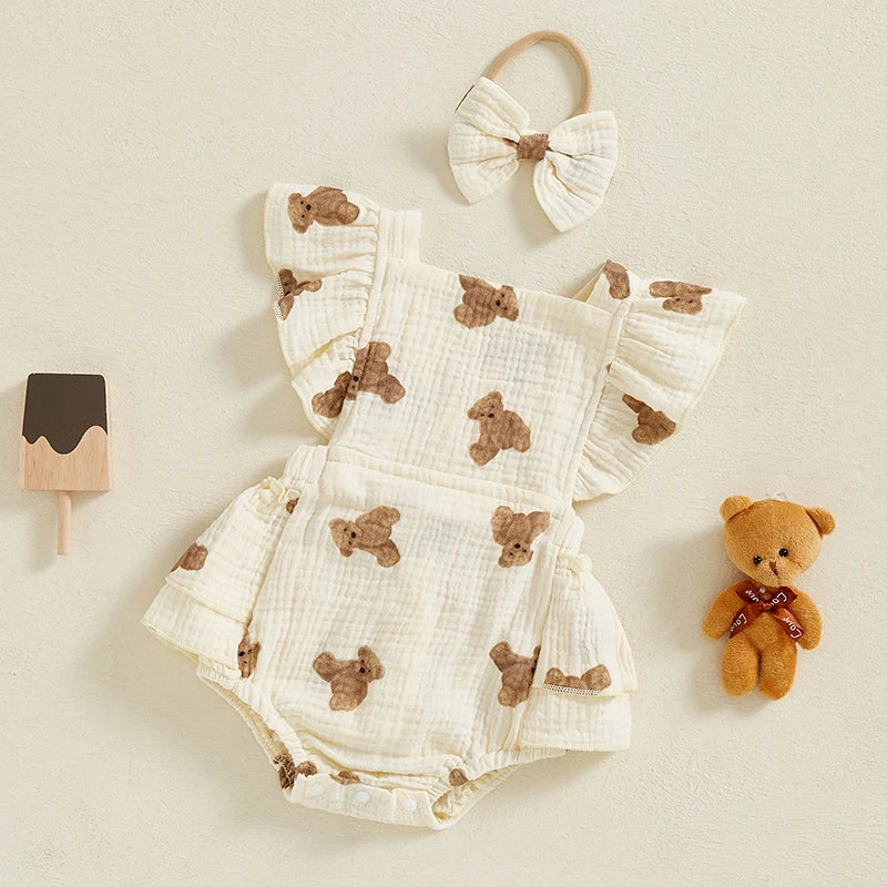 0-18M Newborn Baby Girl Bodysuits Cartoon Bear Pattern Ruffled Flying Sleeve Romper with Bow Headband Set Summer Infant Outfits