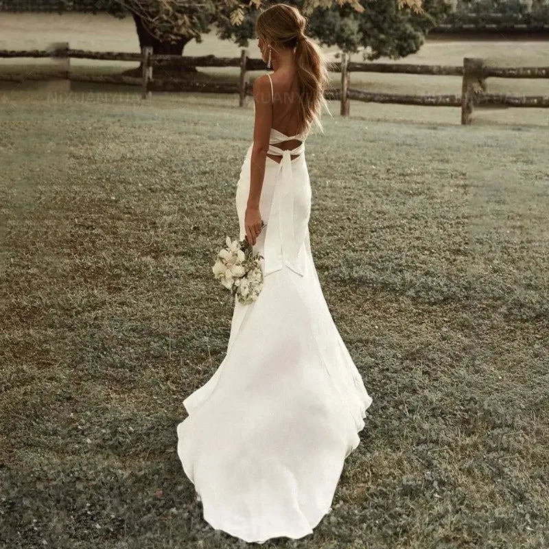 Simple Sexy Wedding Dresses Boho Bridal Dress High Slit Straps Backless Bohemian Bride Gowns Vestidos De Noiva Customized