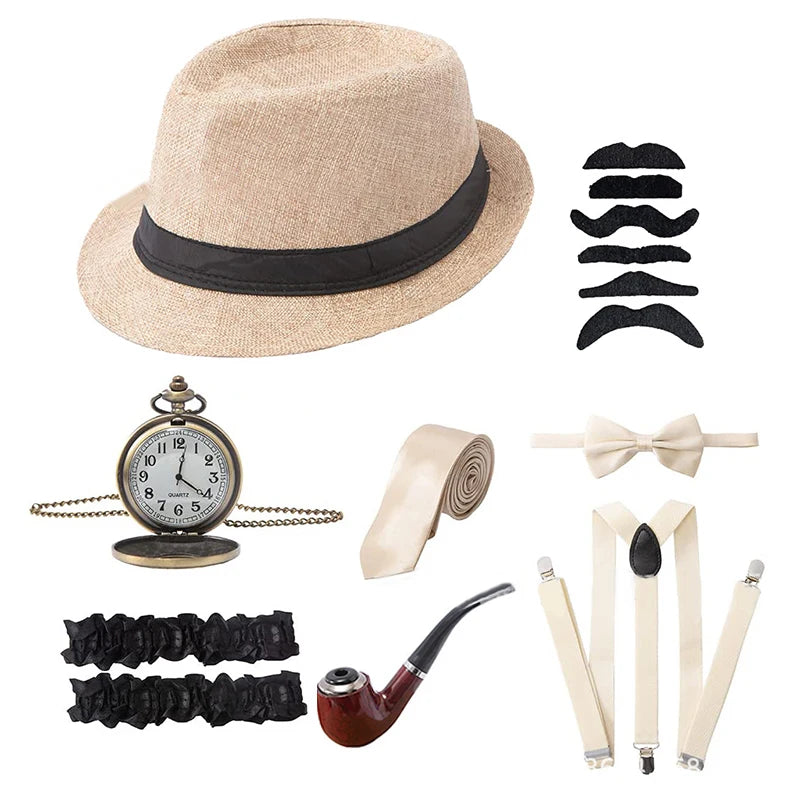 Halloween 1Set 1920's Cosplay Costume Hat Pocket Watch Neck Tie Moustache Bowtie Gatsby Masquerade Accessories