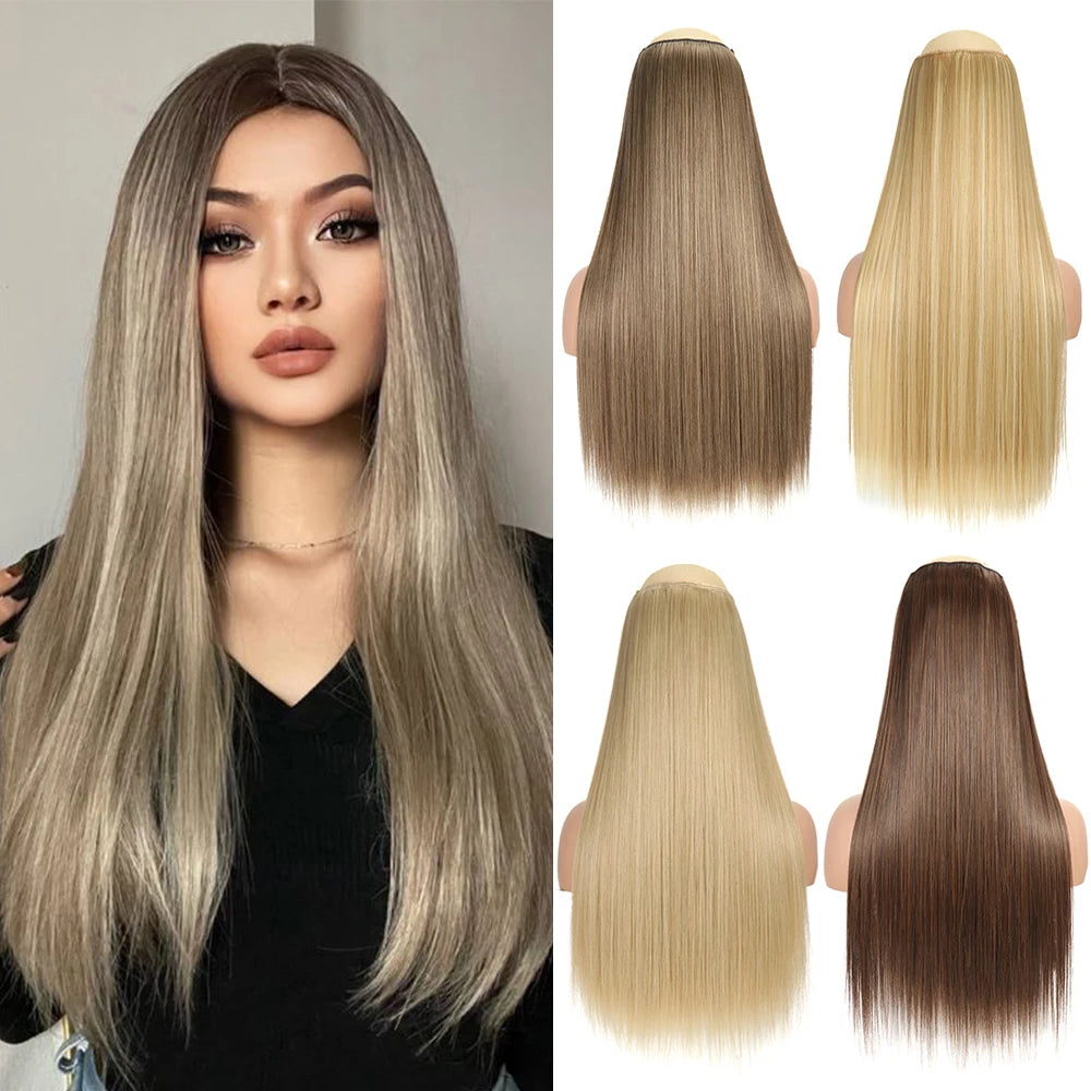 Synthetic 24Inch Hair Extensions OnePiece 5 Clips Long Straight Hairstyle Heat Resistant Fake Hairpiece For Women Natural Brow
